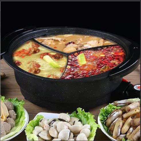 商用10L鸳鸯锅三格三味电火锅6L8L麦饭石不粘电烤锅多用涮烤锅