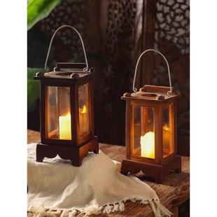 异丽中式 饰品 复古实木烛台摆件蜡烛台户外风灯防风提灯烛光晚餐装