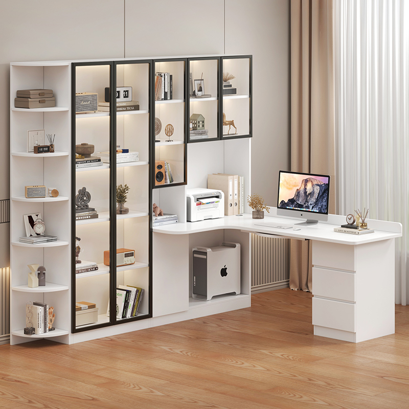 实木转角书桌书架一体书柜家用组合书桌轻奢拐角简约台式电脑桌
