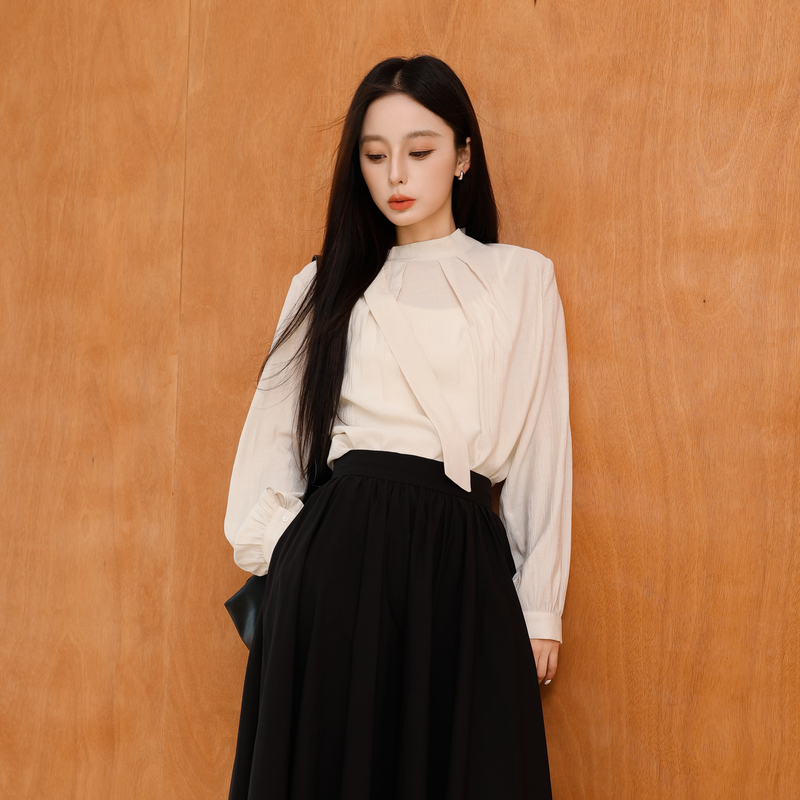 AIRIQI长袖衬衫秋季新款立领褶皱设计气质百搭上衣小衫AH43XS440