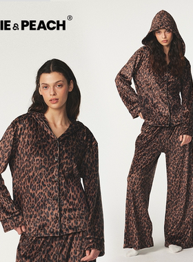 Impress me much深林精灵棕色豹纹女士连帽长袖睡衣女家居服套装