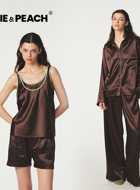 Pixie satin秋日思绪高级撞色棕性感女士睡衣秋季四件套装