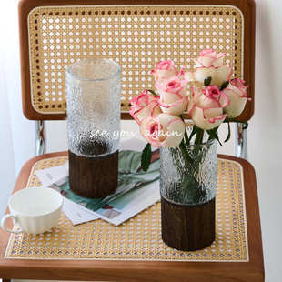 高级感新中式木托玻璃花瓶中国风透明水养插花客厅摆件轻奢装饰品