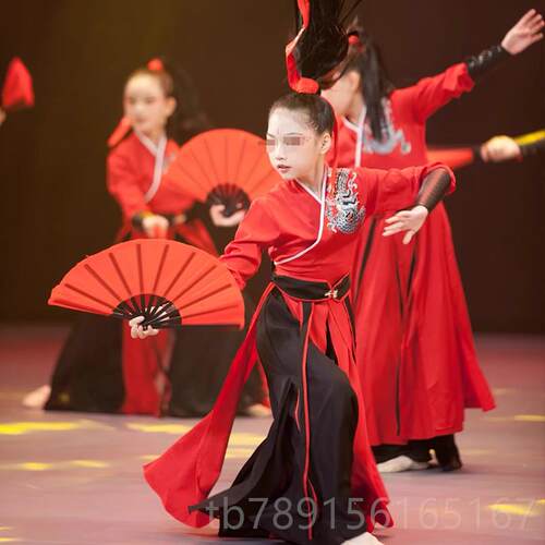 新款儿童雪龙吟古典蹈演出舞服女扇子舞装九州同功服练古侠客风表