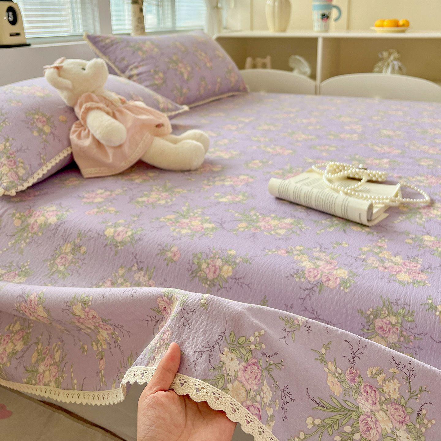 ins浪漫紫色小碎花A类软糯亲肤镂空花边单件床单枕套宿舍床三件套