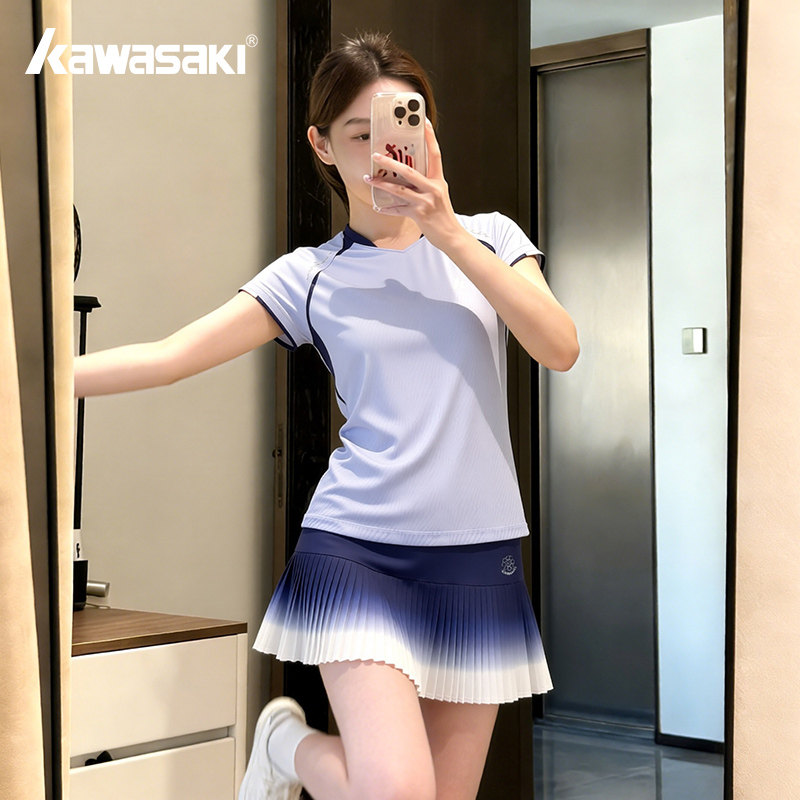kawasaki/川崎羽毛球服女超好看渐变休闲运动T恤渐变色太阳花系列
