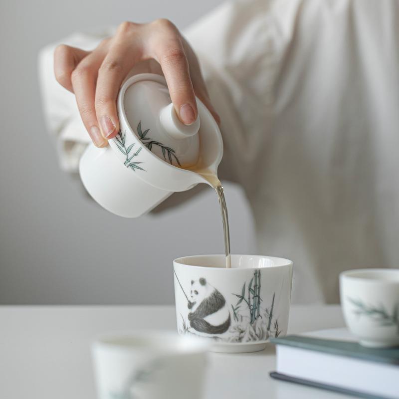 羊脂玉瓷熊猫旅行茶具套装便携式快客杯一壶二杯户外露营喝茶装备