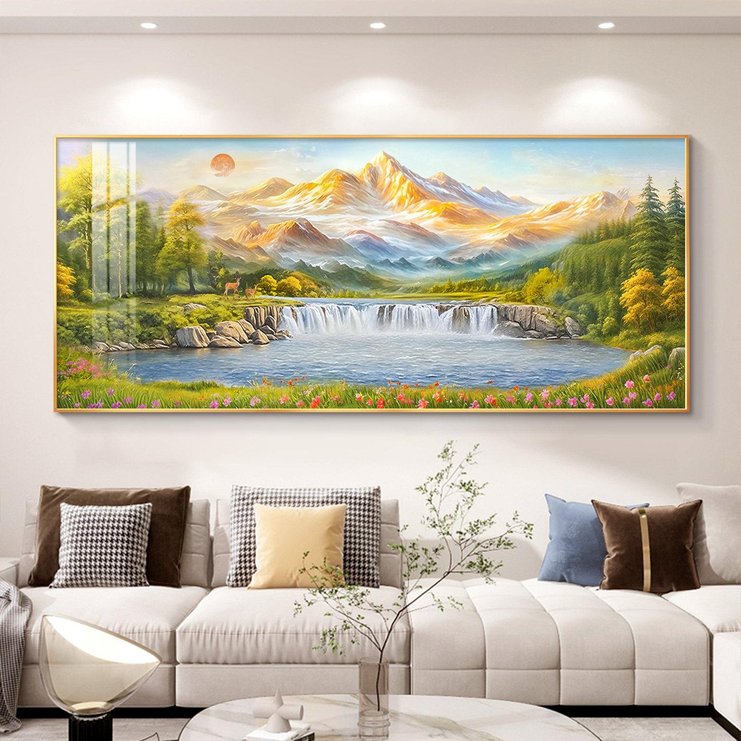 聚宝盆山水画客厅沙发背景墙装饰画轻奢高级感挂画东墙聚财壁画