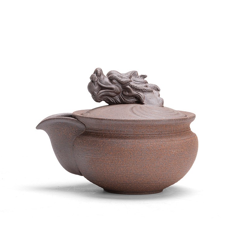 粗陶老岩泥宝瓶龙头壶仿柴烧手抓壶复古大号宽口盖碗双耳泡茶壶