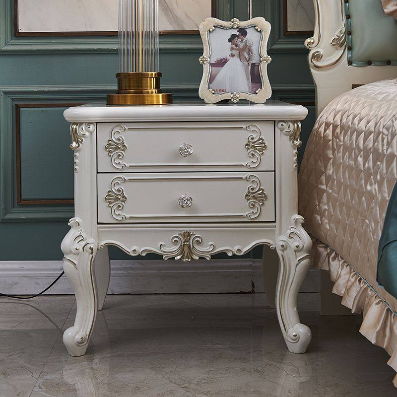 欧式实木b复古雕花家用卧室床头柜高档板栗白色描金床边储物柜整