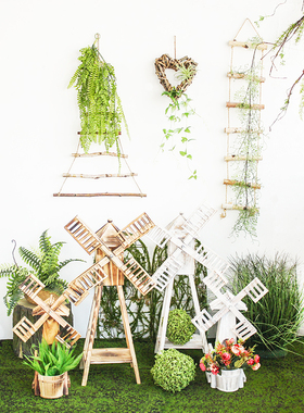 田园风格木质风车装饰摆件阳w台花架店铺橱窗落地摆设幼儿园植物