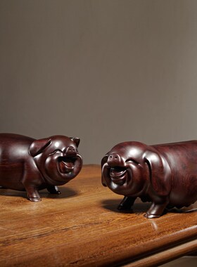 黑檀实木质雕刻一对猪摆件十二生肖动物猪家居客厅装饰Z红木工艺