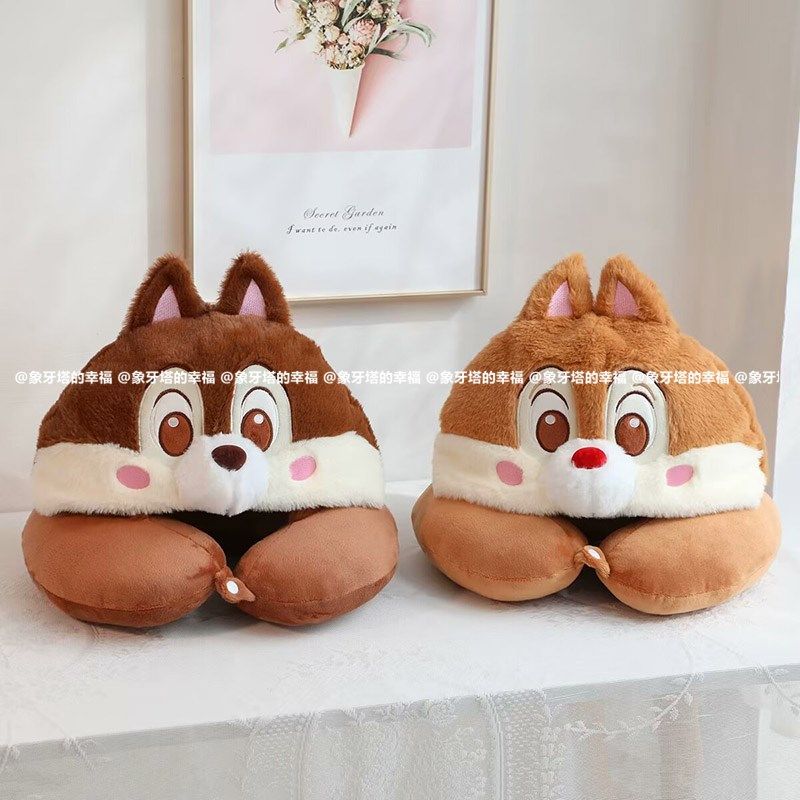 日系可爱卡通猫咪松鼠连帽护w颈枕旅行便携U型枕飞机枕办公午睡枕