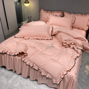 韩版 四件套公r主风奶白熊刺绣少女心被罩春床单床上用 简约床裙式