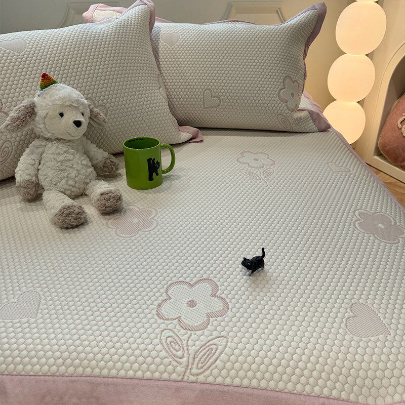 A类田园风粉色花卉冰豆豆凉席夏天2024新款可折叠空W调软席三件套