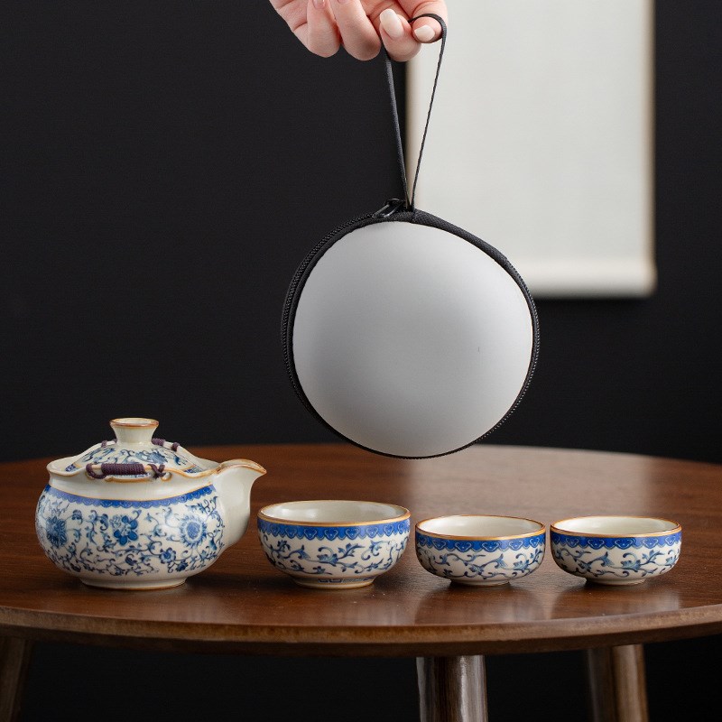 青花汝窑户外旅行茶具便携式高档陶瓷一壶三杯快客杯随身泡茶套装