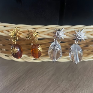 【新款】手工质感复古太阳花白水晶茶晶吊坠耳饰气质百搭款女