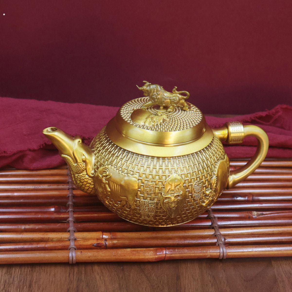 黄铜百五牛壶山水茶壶家居摆饰茶具茶壶办公室茶桌创意工艺品摆饰