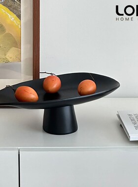 简约黑色陶瓷高脚水果盘甜品点心家用售楼处客厅软装茶几托盘摆件