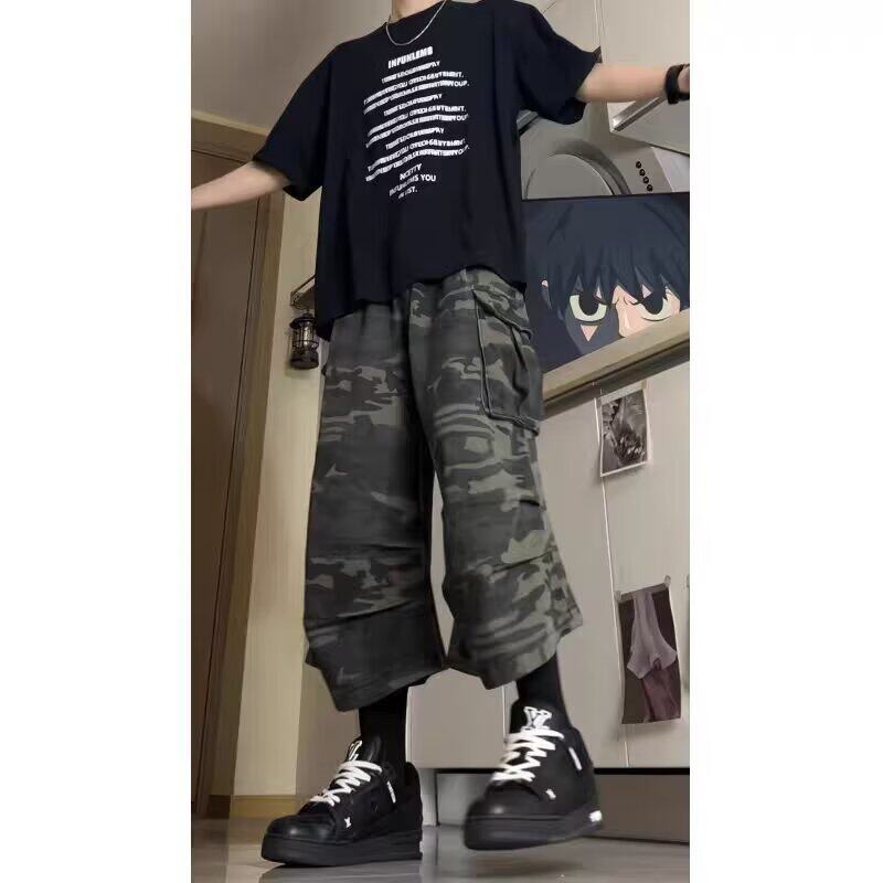 美式复古牛仔迷彩七分裤男夏季新款街头低腰宽松五分裤工装短裤子