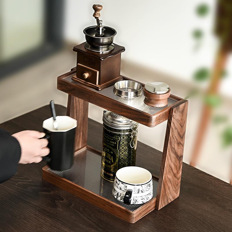 杯子收纳置物架黑胡桃咖啡器具收纳架桌面水杯架咖啡杯双层杯架