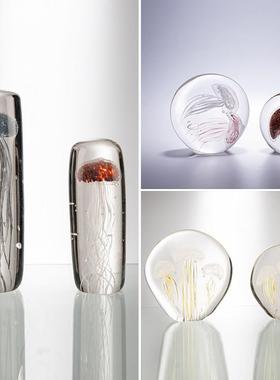 轻奢圆形水母海洋主题水晶玻璃桌面装饰品摆件客厅书柜摆设工艺礼