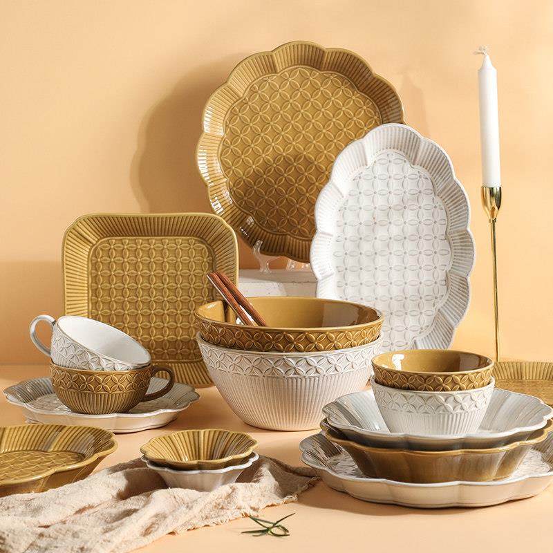 舍里日式浮雕陶瓷碗碟家用碗盘餐具创意饭碗西餐牛排盘汤碗菜盘子,餐饮具,碗,淘宝优惠券,粉丝福利购,淘宝优惠卷