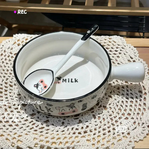 【2件套】新款陶瓷奶牛手吧碗勺米饭碗宿舍碗甜品勺家用餐具LW