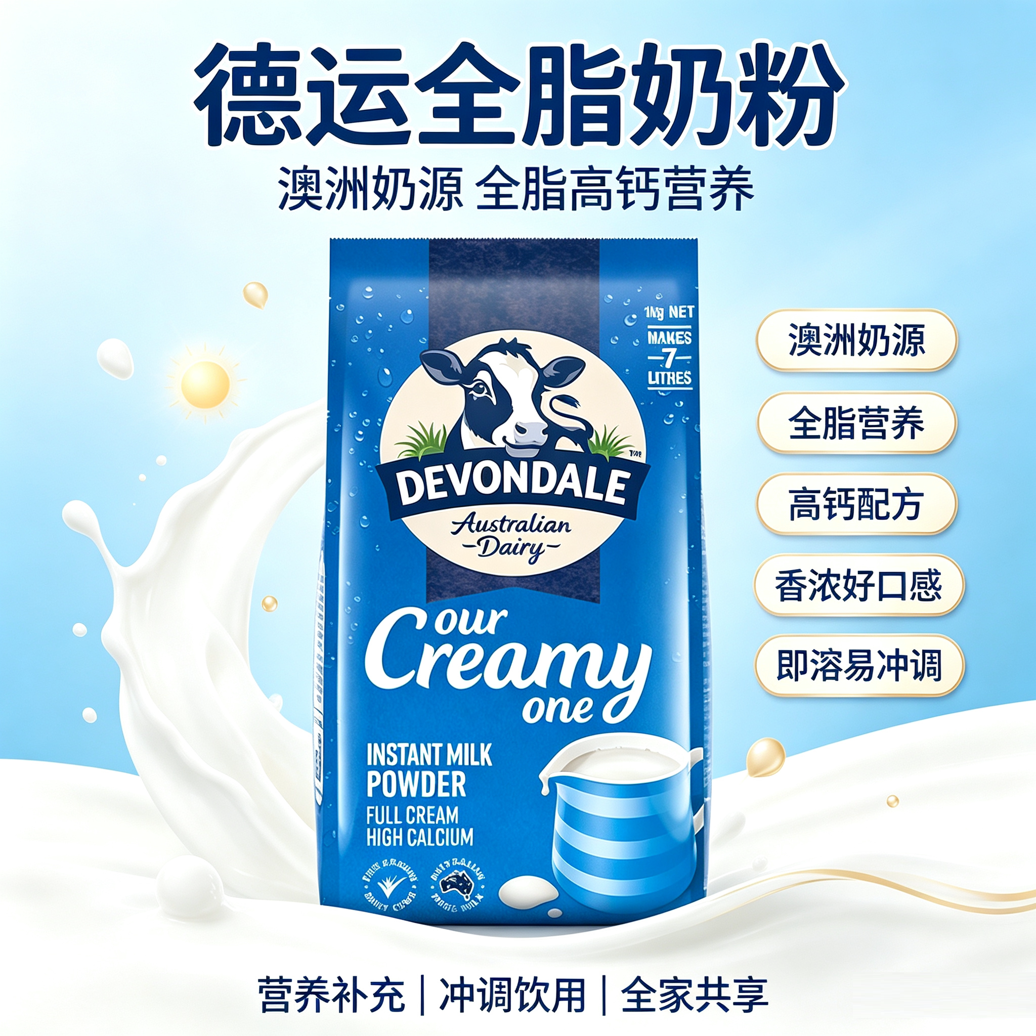 澳洲原装进口德运全脂高钙成人儿童全家营养牛奶粉1kg/袋