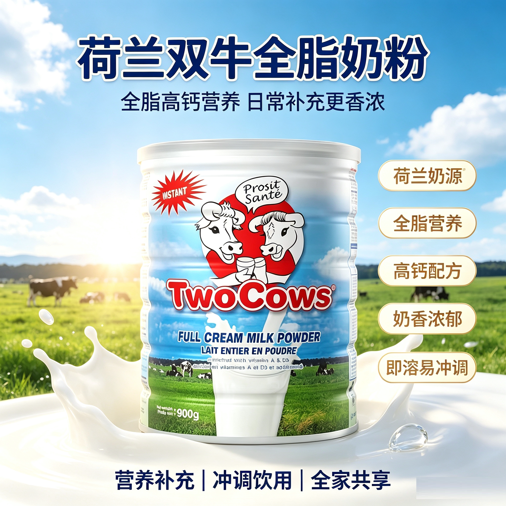 荷兰进口TwoCows双牛淘高斯高钙全脂/脱脂成人学生老年牛奶粉900g