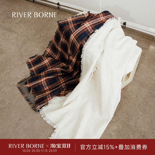 River borne 秋序 复古格纹100%棉流苏围巾女秋冬长款围脖披肩