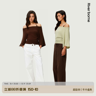 River borne 一字肩挂脖蝙蝠袖收腰上衣女褶皱显瘦露肩修身小衫