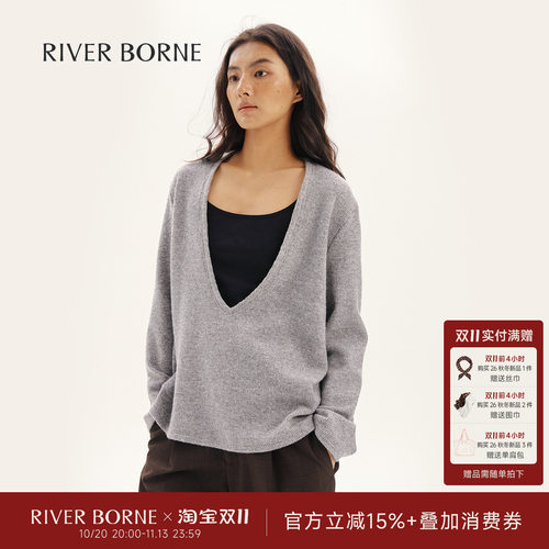 River borne 灰色深V领宽松针织衫女秋松弛感套头衫打底针织上衣