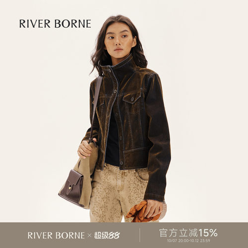 River borne 植绒做旧短款牛仔外套女秋装修身显瘦立领工装风夹克