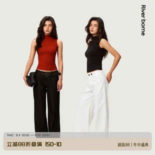 River borne 简约气质半高领无袖背心修身短款收腰弹力针织上衣女