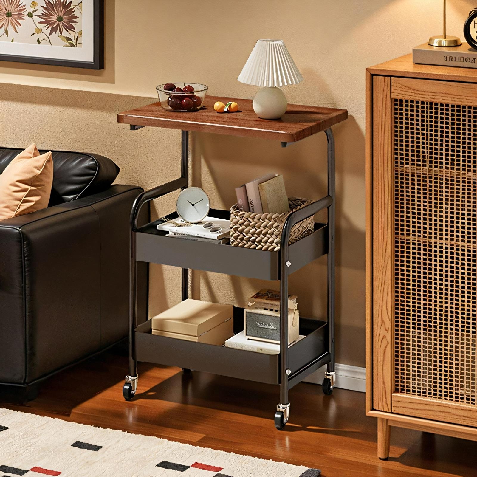 中古小推车沙发边几客厅零食置物架收纳复古边柜可移动茶几小桌子