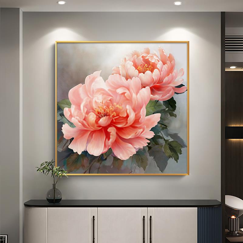 简约现代餐厅装饰画高级感牡丹花壁画花开富贵玄关过道饭厅墙挂画图片