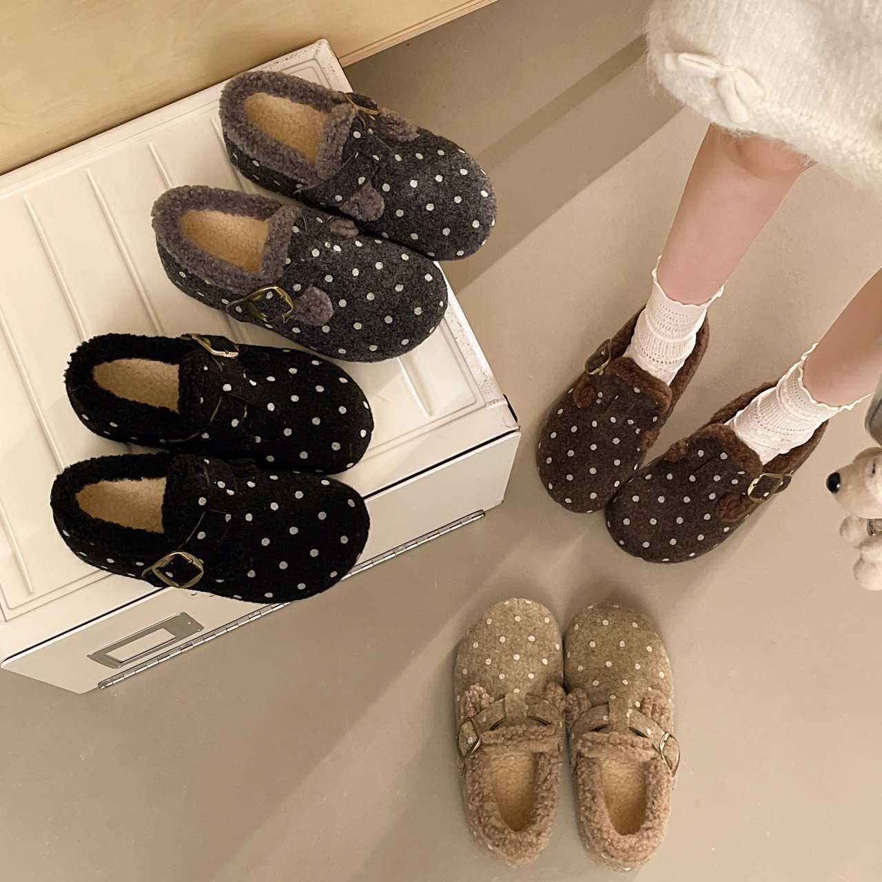 儿童勃肯鞋女童鞋子波点毛毛鞋