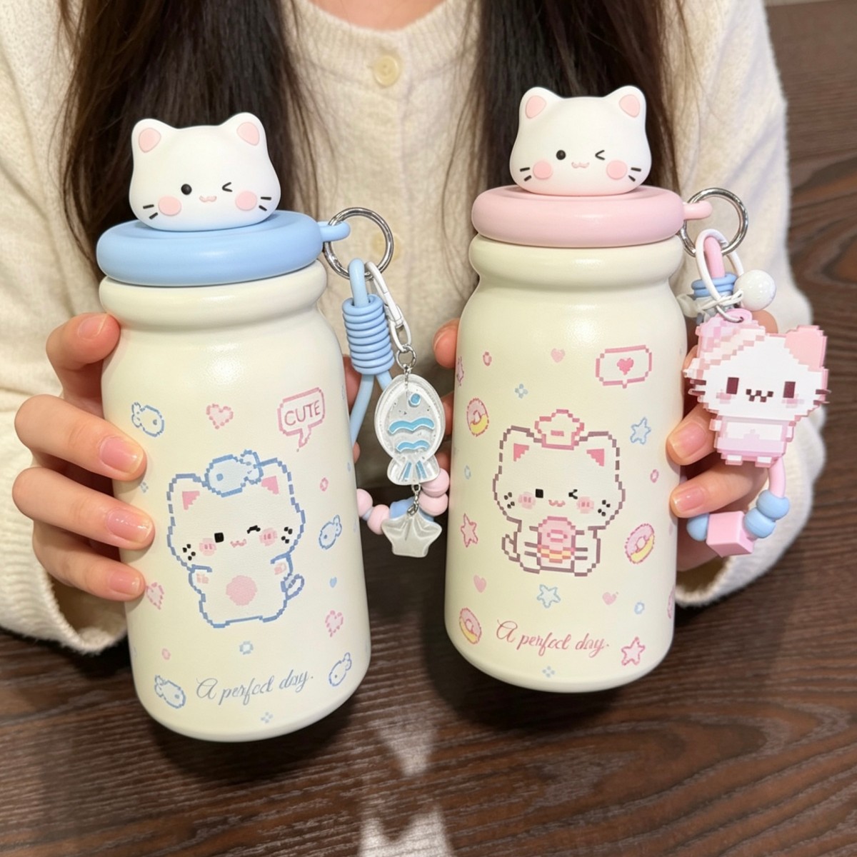 拼豆风小猫陶瓷保温杯女生高颜值