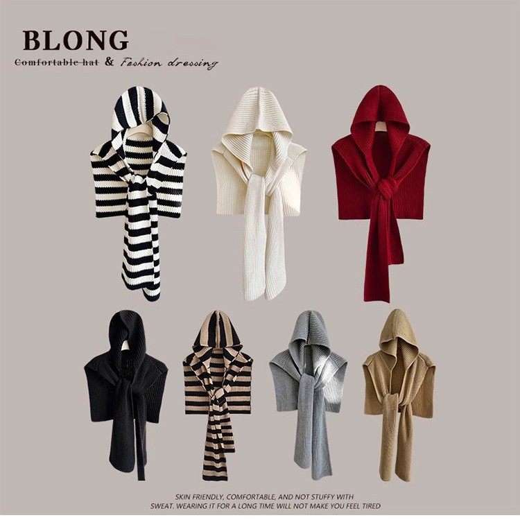 高级感条纹针织连帽披肩女秋冬新款保暖围巾帽子一体外搭护颈围脖