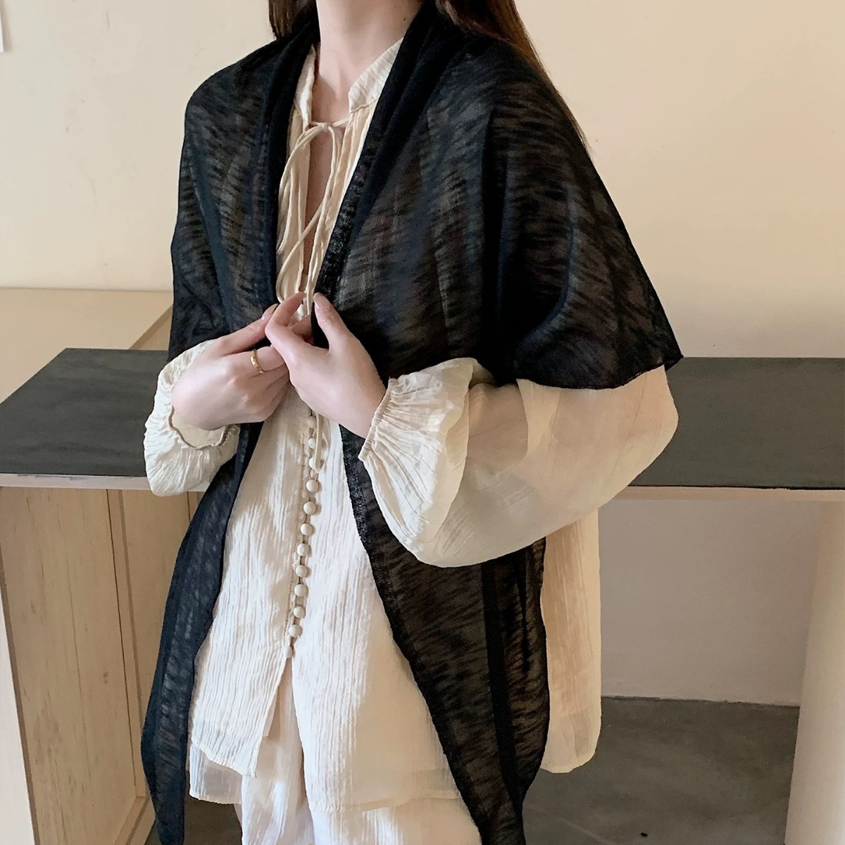三角披肩黑色丝巾女防晒亚麻新款