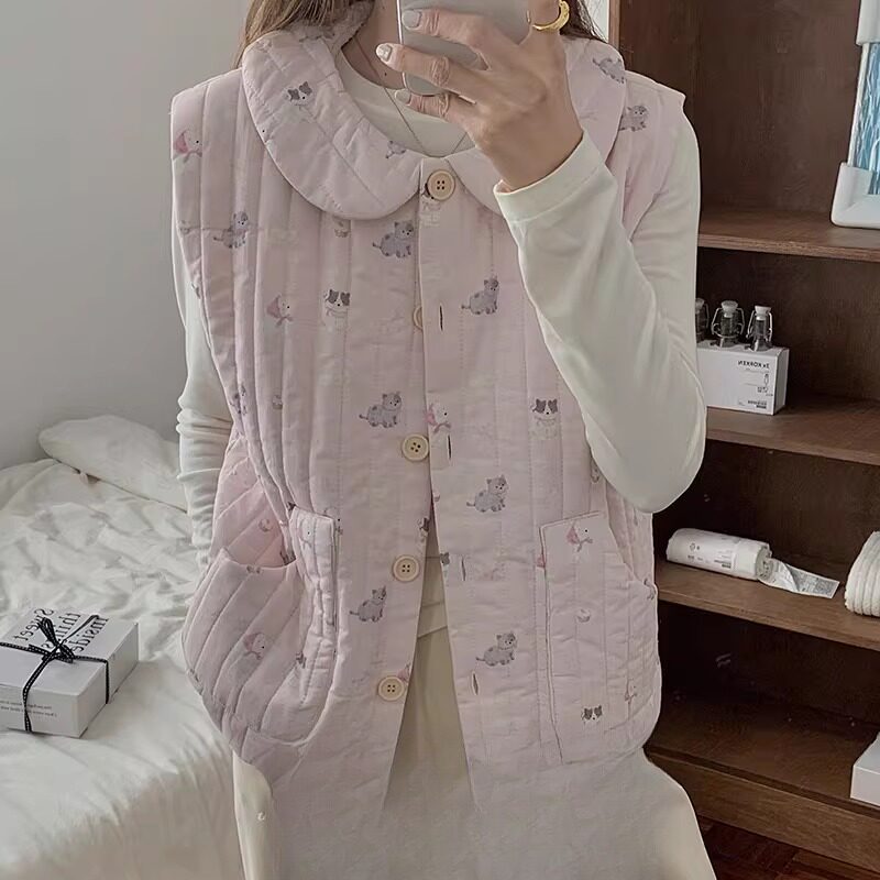 2026新款可外穿三层绗棉两色卡通娃娃领夹棉马甲背心秋冬睡衣女