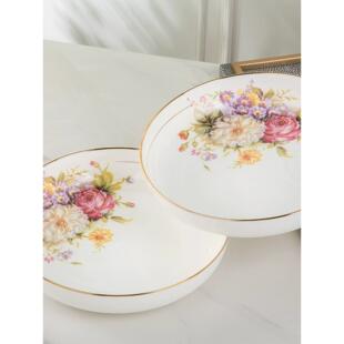 欧式玫瑰花盘子瓷盘子金边窝盘家用深口蒸鸡蛋羹盘子深盘沙拉盘