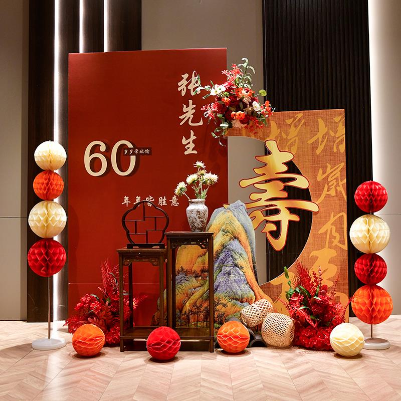 老人祝寿宴场景布置背景墙60岁生日kt板气球农村70大寿80寿宴装饰