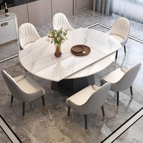 意式极简岩板餐桌椅组合北欧方圆两用可伸缩旋转圆形餐台吃饭桌子