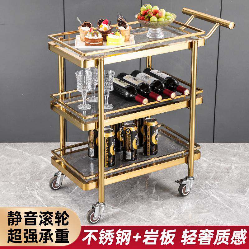 轻奢不锈钢岩板三层手推车KTV点心零食实木餐车餐厅服务车上菜车