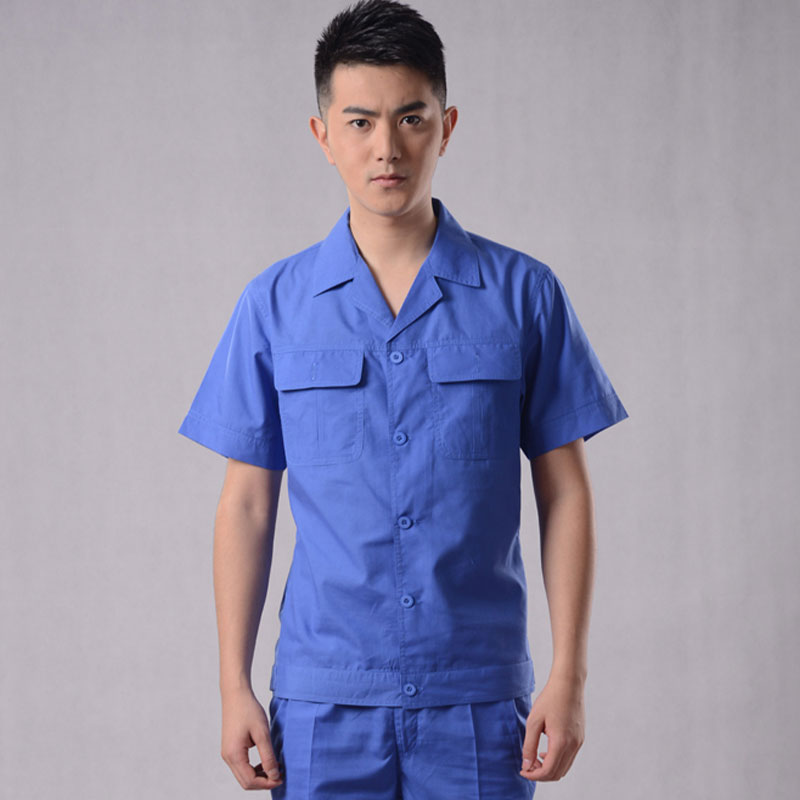 蓝色短袖衬衫工厂车间员工上衣定制工装订做LOGO男女工作服厂服