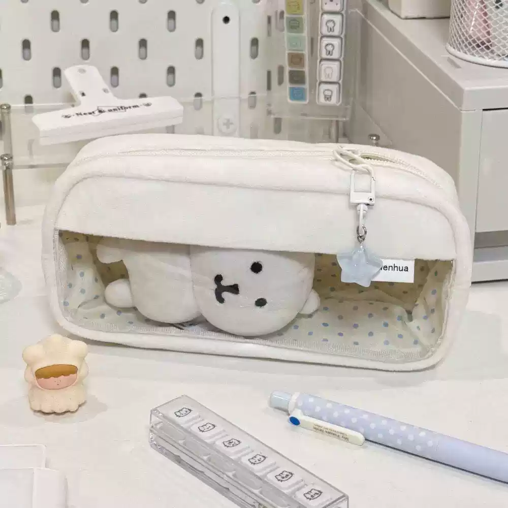 简约奶白波点痛包笔袋学生ins风纯色高颜值大容量PVC铅笔盒文具袋