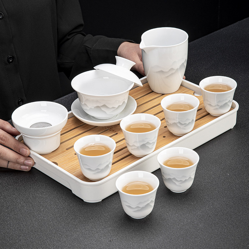 羊脂玉瓷功夫茶具套装白瓷家用办公泡茶悬停盖碗陶瓷茶杯茶盘整套