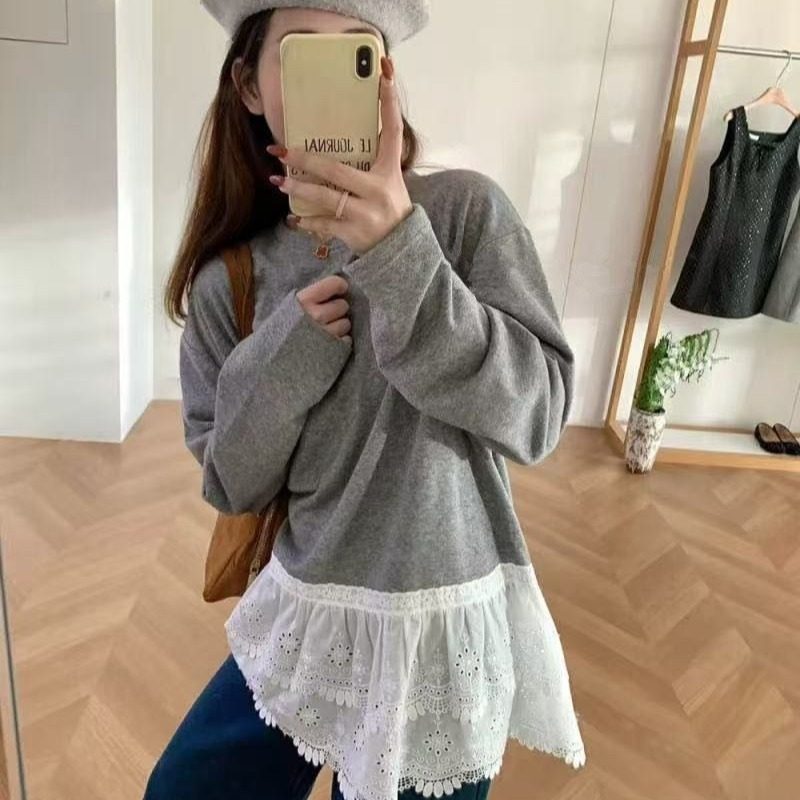 Fjwldy韩系德绒拼接蕾丝花边设计长袖T恤春秋宽松大码百搭打底衫